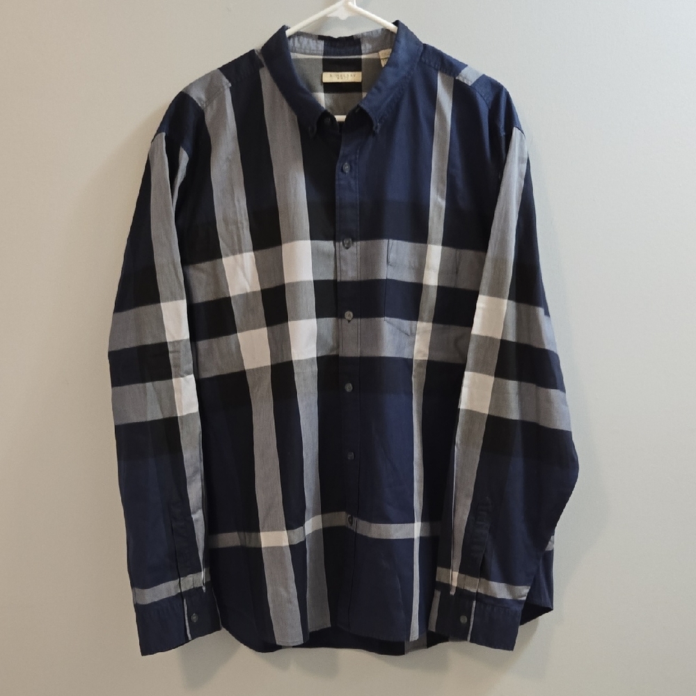 Burberry Brit Navy Blue and Gray Mega Nova Check Men's Shirt XXXL 3XL
